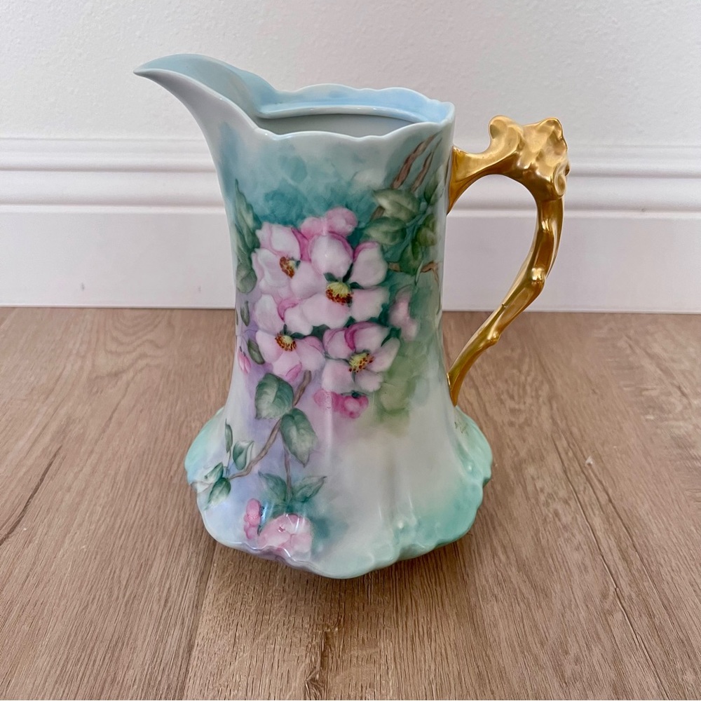 8.5” Hand Painted Flower Pitcher Tankard Artist Dorothy Gunningham Signed 1973
